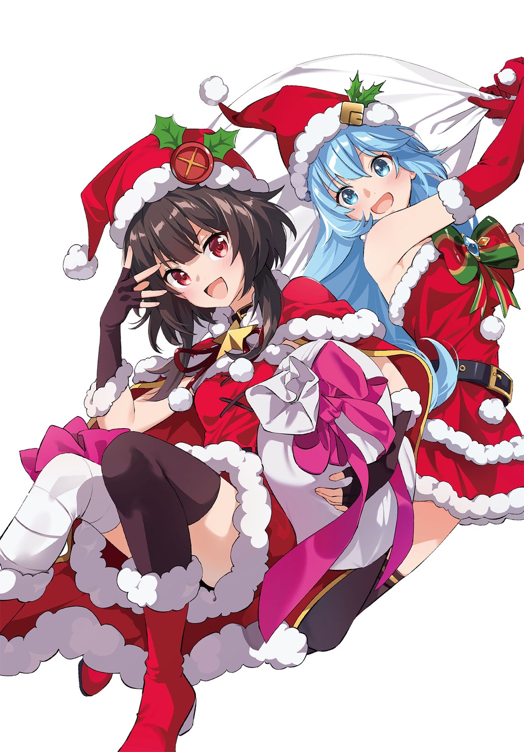 aqua_(konosuba), bandages, christmas, dress, kono_subarashii_sekai_ni_shukufuku_wo!, megumin, morino_kasumi, no_bra