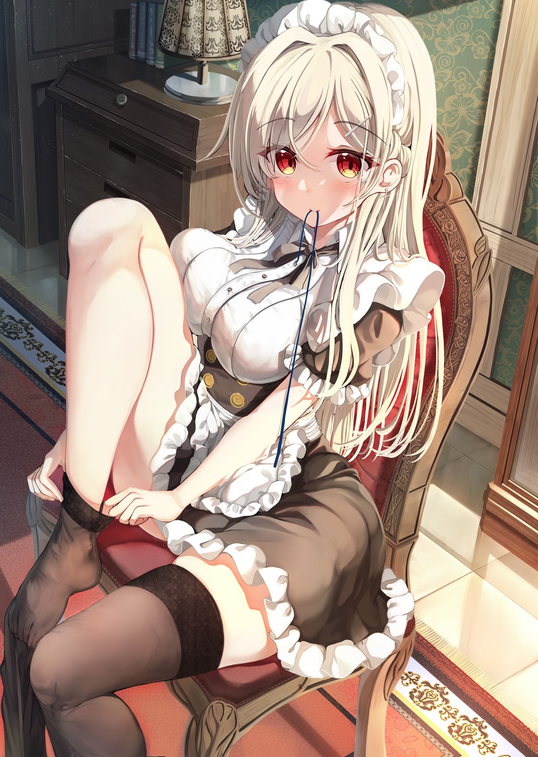 hiiragi_ringo, maid, see_through, skirt_lift, thighhighs, undressing