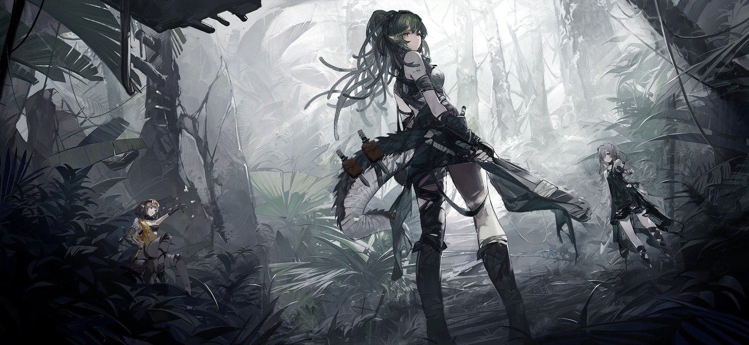 arknights, eunectes_(arknights), gavial_(arknights), pointy_ears, tail, tomimi_(arknights), torn_clothes, xiao_feng