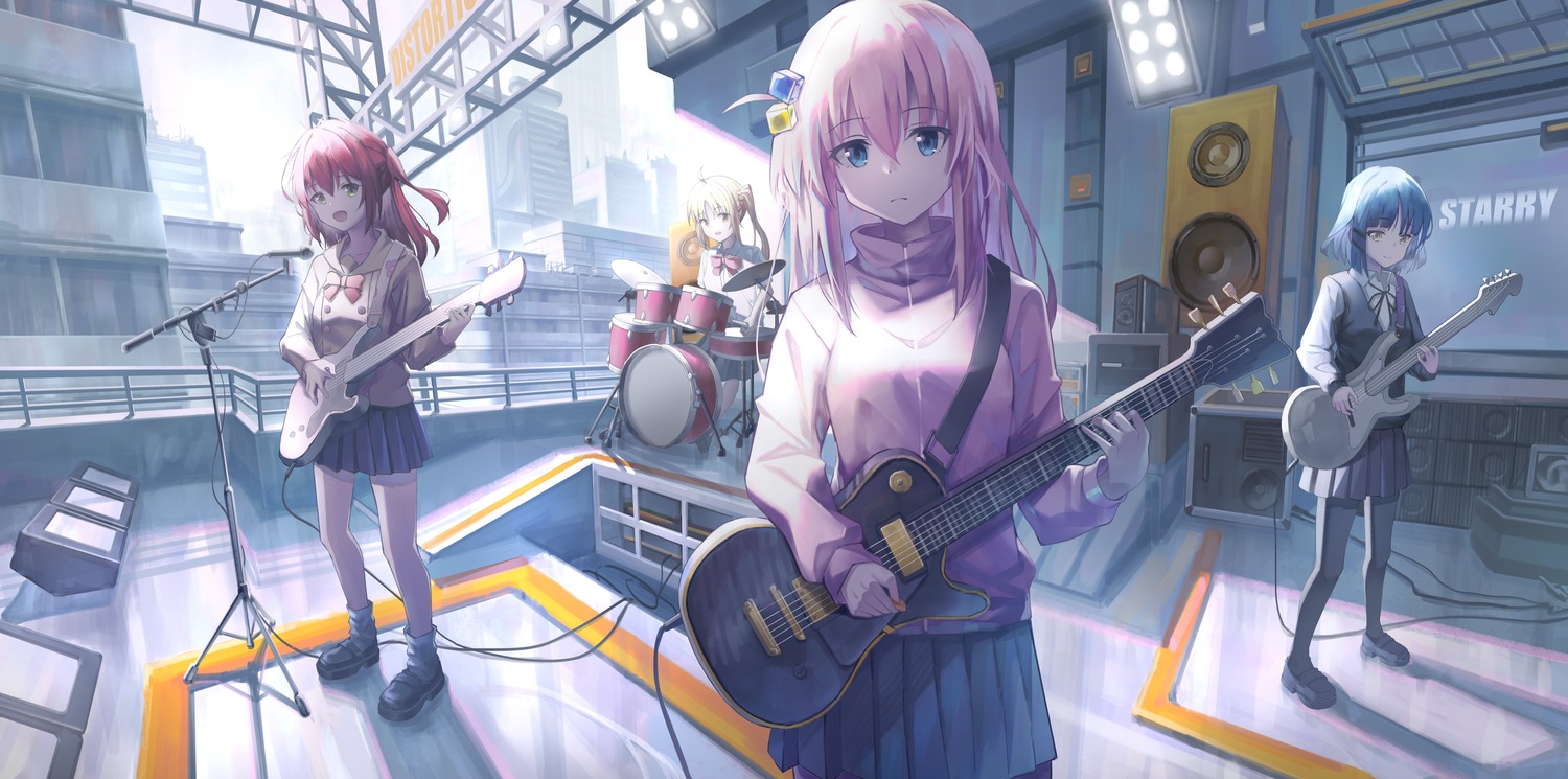 bocchi_the_rock!, gotou_hitori, guitar, gym_uniform, ijichi_nijika, kita_ikuyo, pantyhose, pineapple_(pine), seifuku, yamada_ryou
