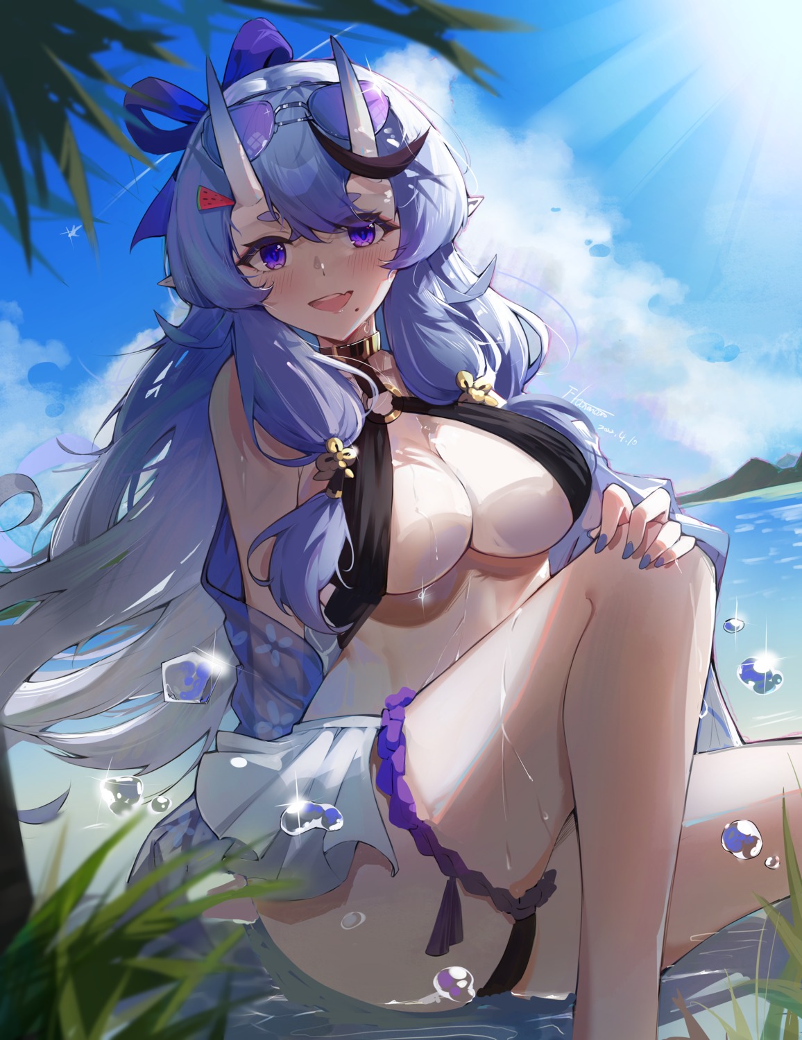 bikini, garter, horns, megane, nijisanji, nijisanji_seeds, pointy_ears, rindou_mikoto, swimsuits, thong, wet, yamasede_neiko
