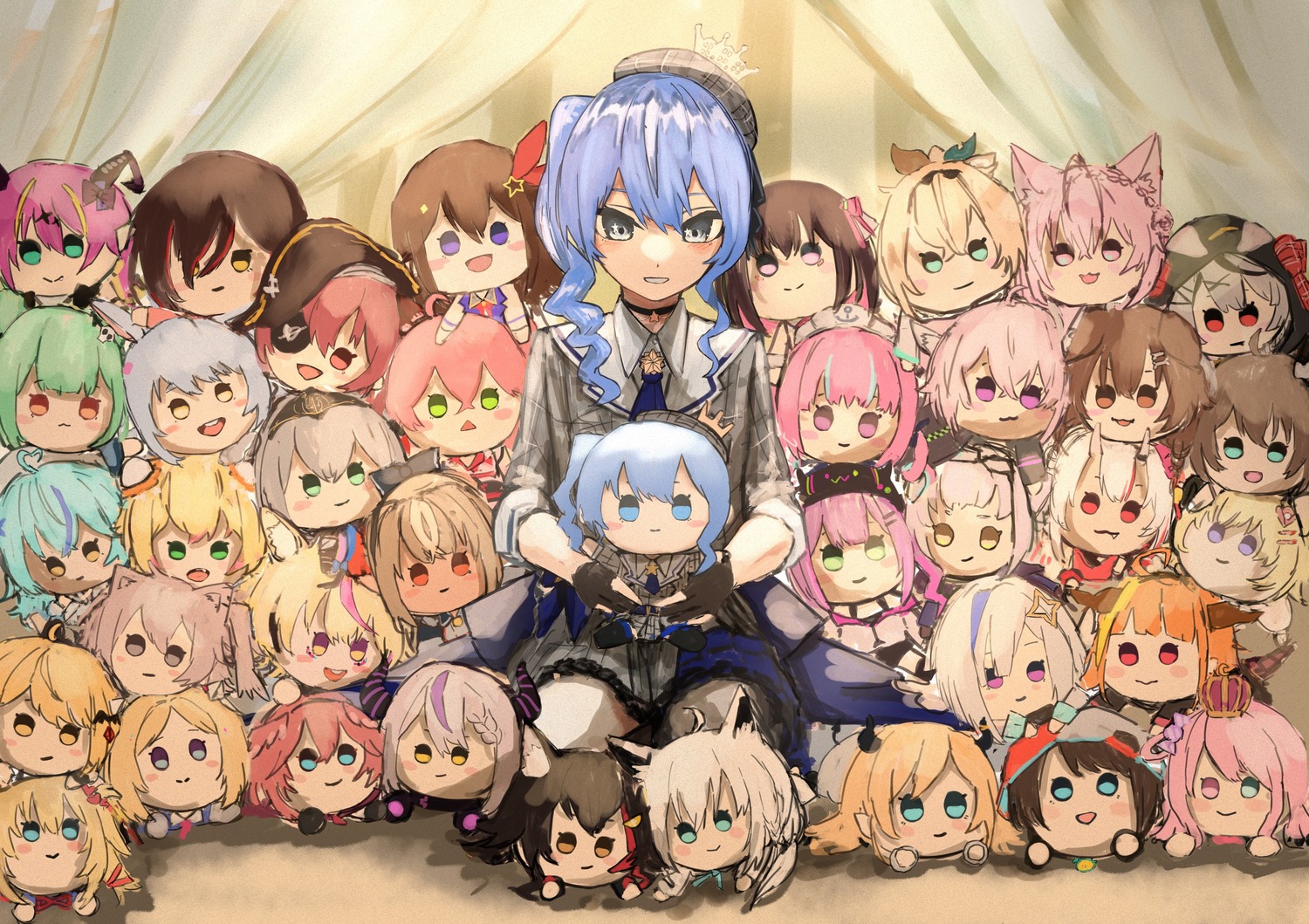 akai_haato, aki_rosenthal, amane_kanata, animal_ears, azki_(hololive), bunny_ears, chibi, dress