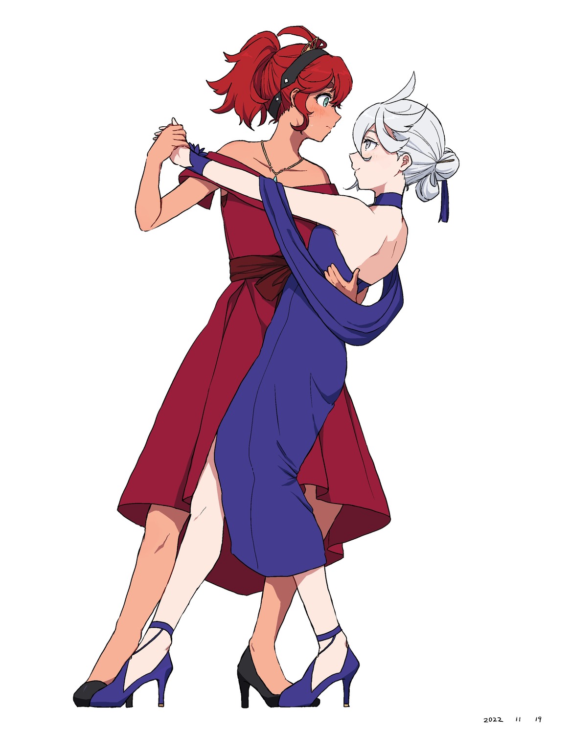 dress, gundam, gundam_suisei_no_majo, heels, miorine_rembran, suletta_mercury, takatisakana, yuri