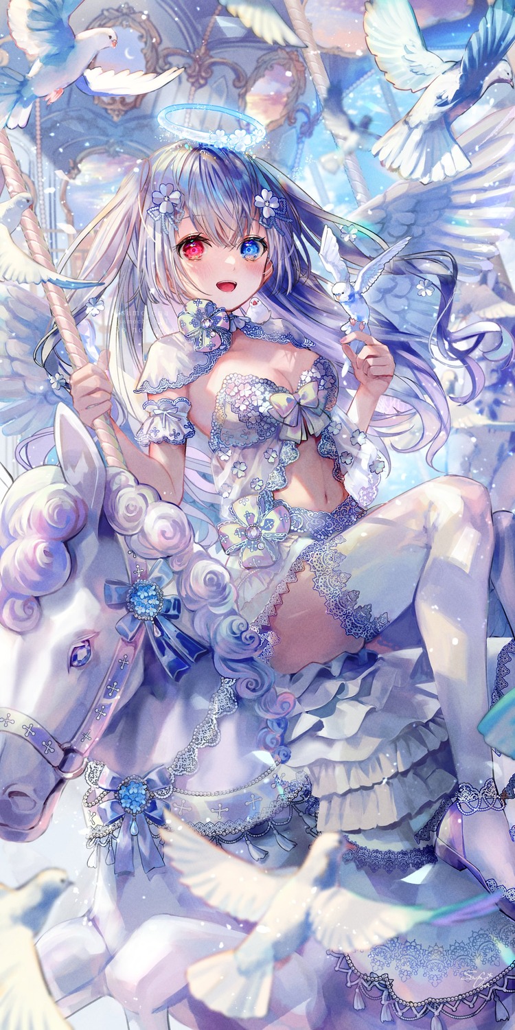 angel, heterochromia, no_bra, samo_cha, thighhighs, wings