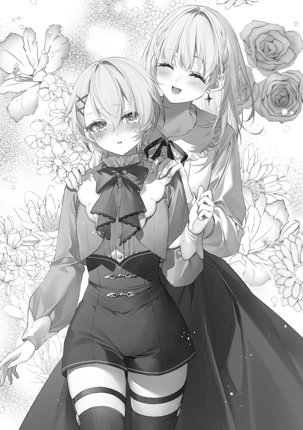 buta_no_liver_wa_kanetsu_shiro, ceres_(buta_no_liver_wa_kanetsu_shiro), dress, garter, jess_(buta_no_liver_wa_kanetsu_shiro), monochrome, stockings, thighhighs