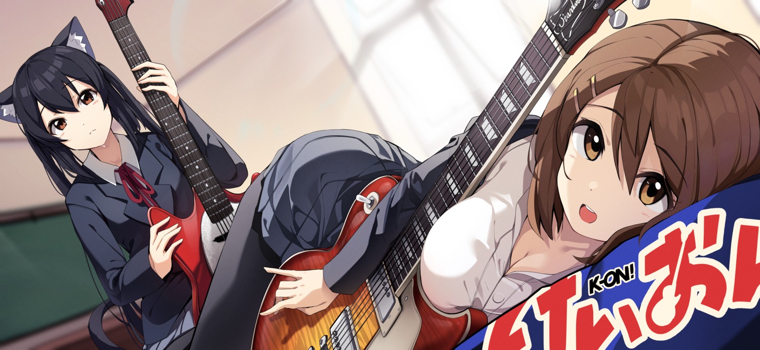 animal_ears, cleavage, ddangbi, guitar, hirasawa_yui, k-on!, nakano_azusa, nekomimi