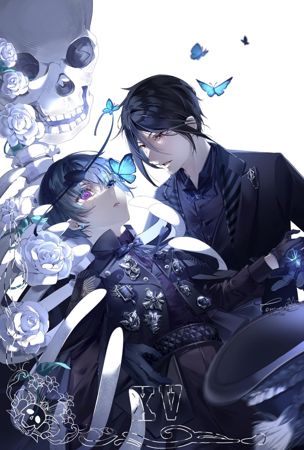 business_suit, ciel_phantomhive, eyepatch, heterochromia, kuroshitsuji, male, sebastian_michaelis, toritoki