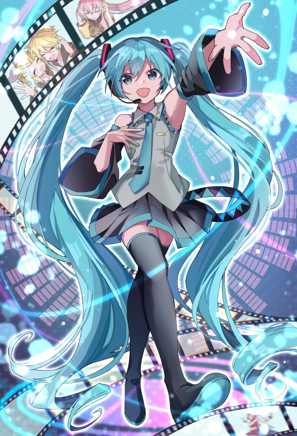 hatsune_miku, headphones, kagamine_len, kagamine_rin, megurine_luka, tagme, thighhighs, vocaloid