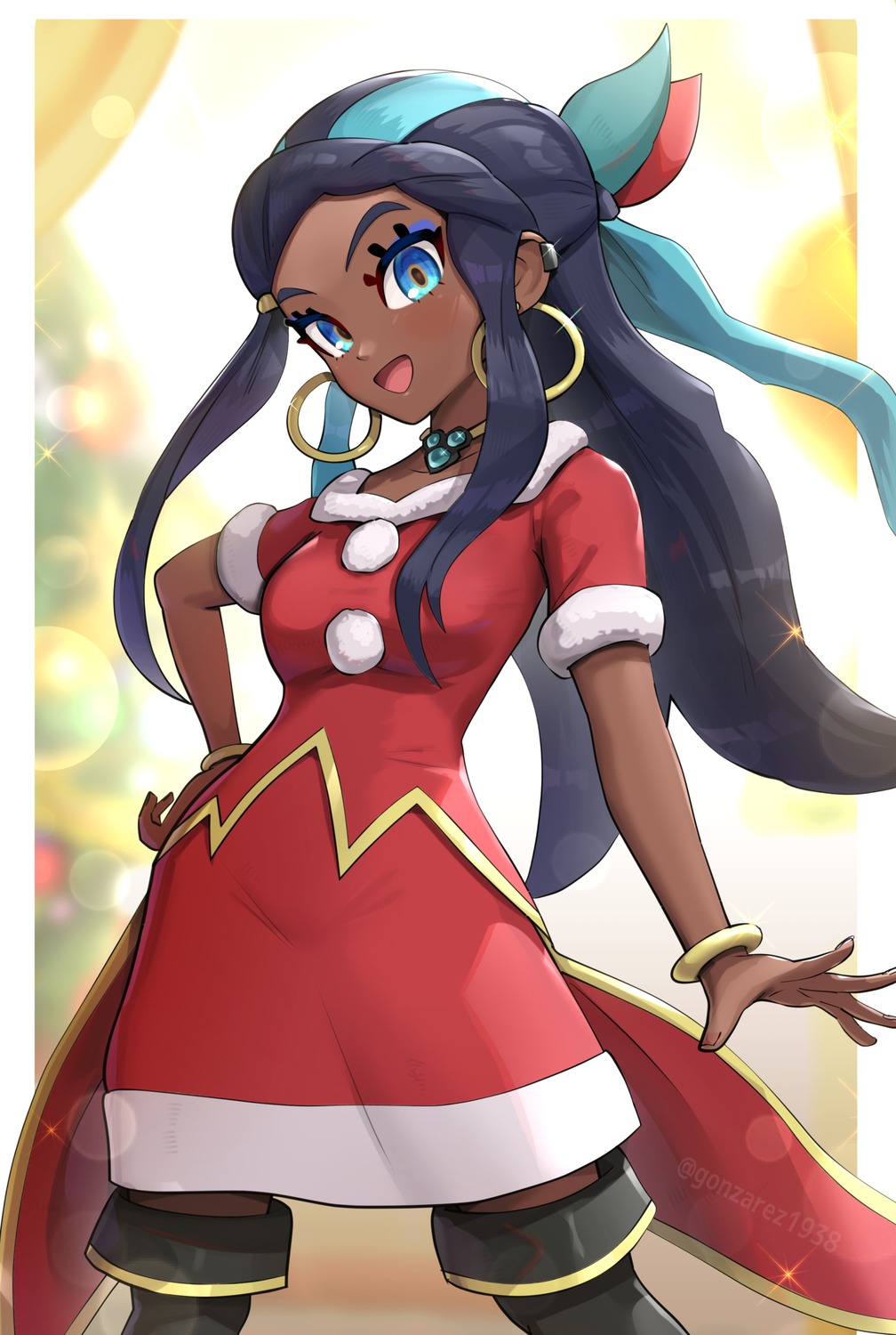 christmas, dress, gonzarez, pokemon, pokemon_swsh, rurina_(pokemon), thighhighs
