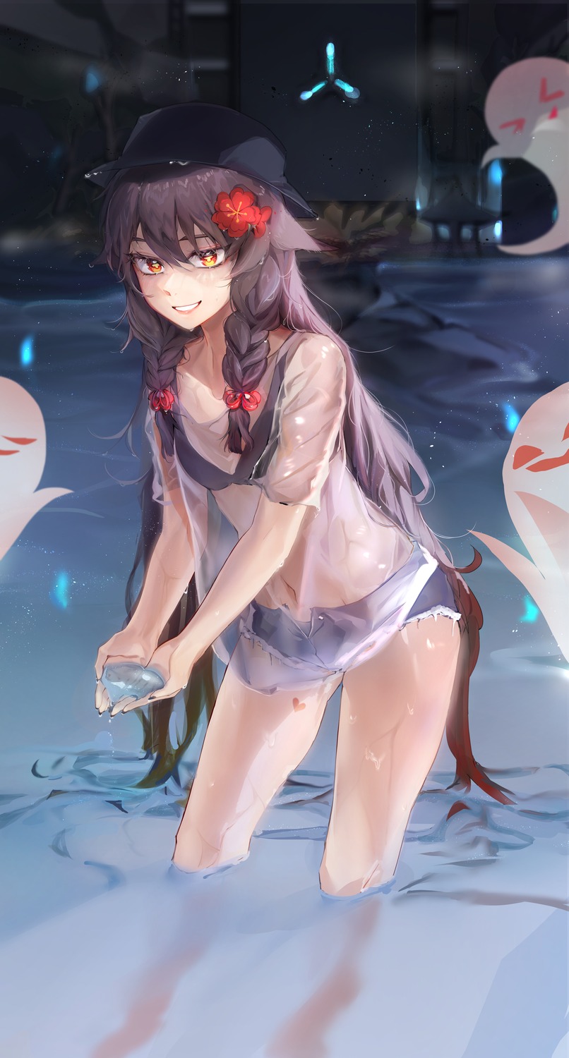 bikini_top, cheosnuni, genshin_impact, hu_tao, see_through, swimsuits, tattoo, wet
