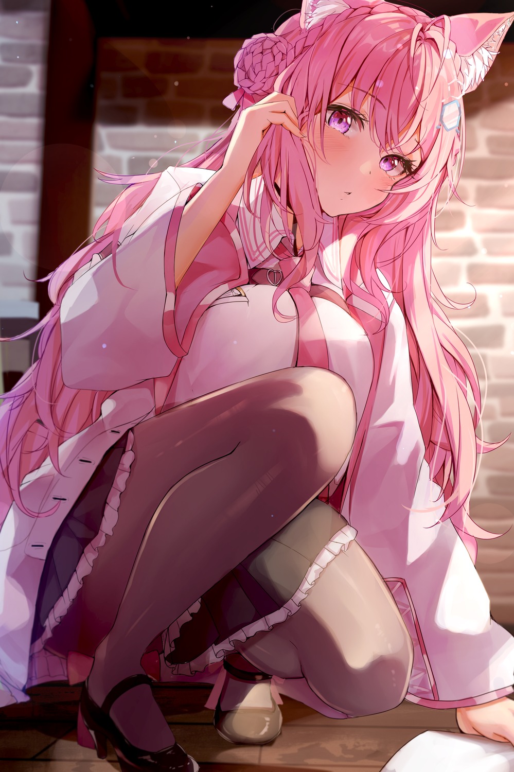 animal_ears, hakui_koyori, heels, hololive, nira_(vira), pantyhose, skirt_lift