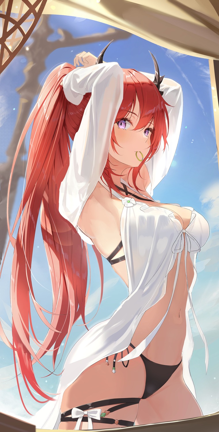 arknights, artist_revision, bikini, garter, horns, see_through, surtr_(arknights), swimsuits, three_twosix, wet