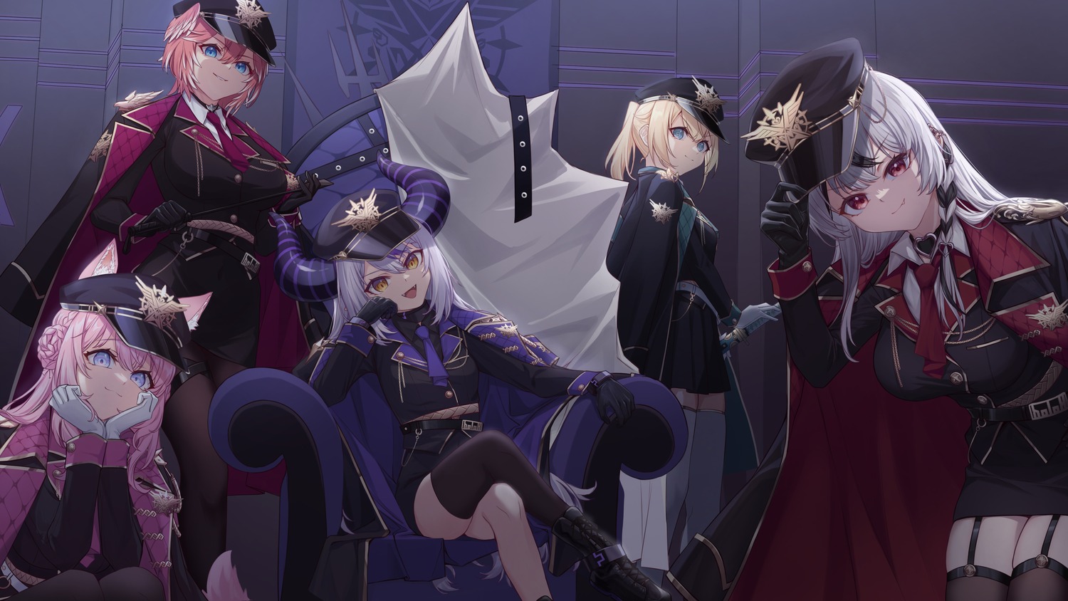 animal_ears, hakui_koyori, hololive, horns, kazama_iroha, la+_darknesss, sakamata_chloe, stockings