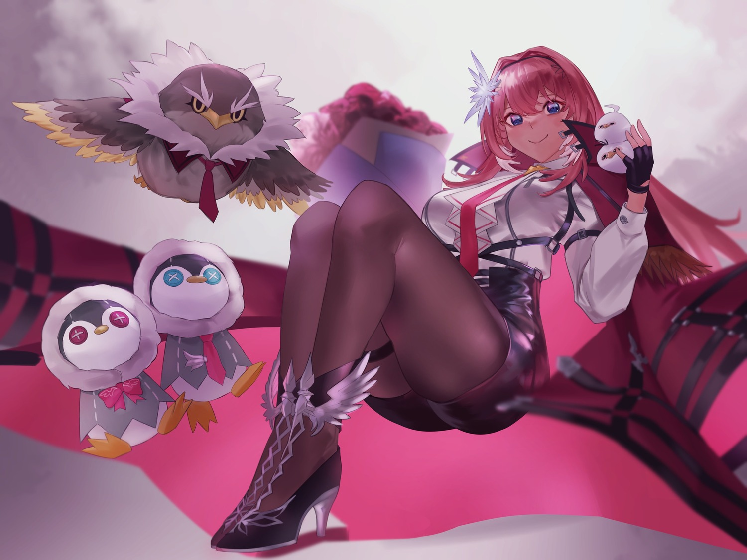 aragiken, ganmo_(takane_lui), garter, heels, hololive, pantyhose, takane_lui, tsukune_(takane_lui)