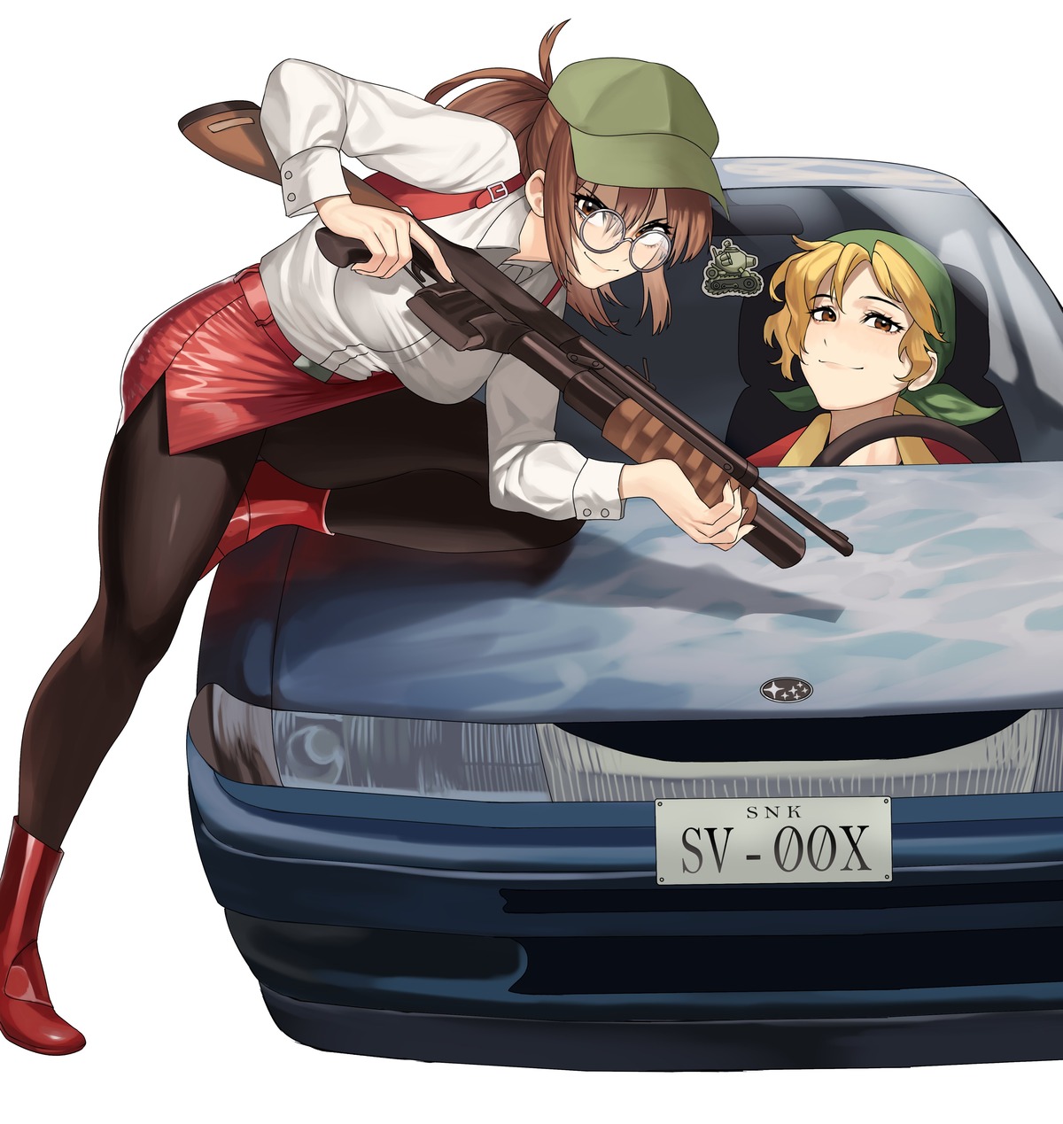 crossover, dress_shirt, fio_germi, gun, gunsmith_cats, hanny_(uirusu_chan), kasamoto_eri, megane