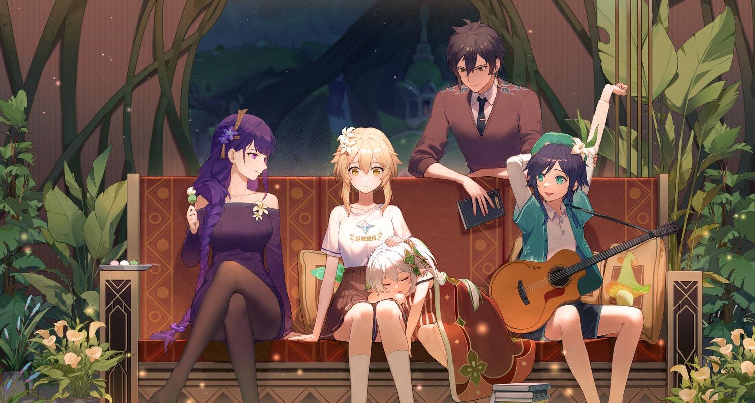 broken_(7589468), dress, genshin_impact, guitar, lumine, nahida, pantyhose, pointy_ears