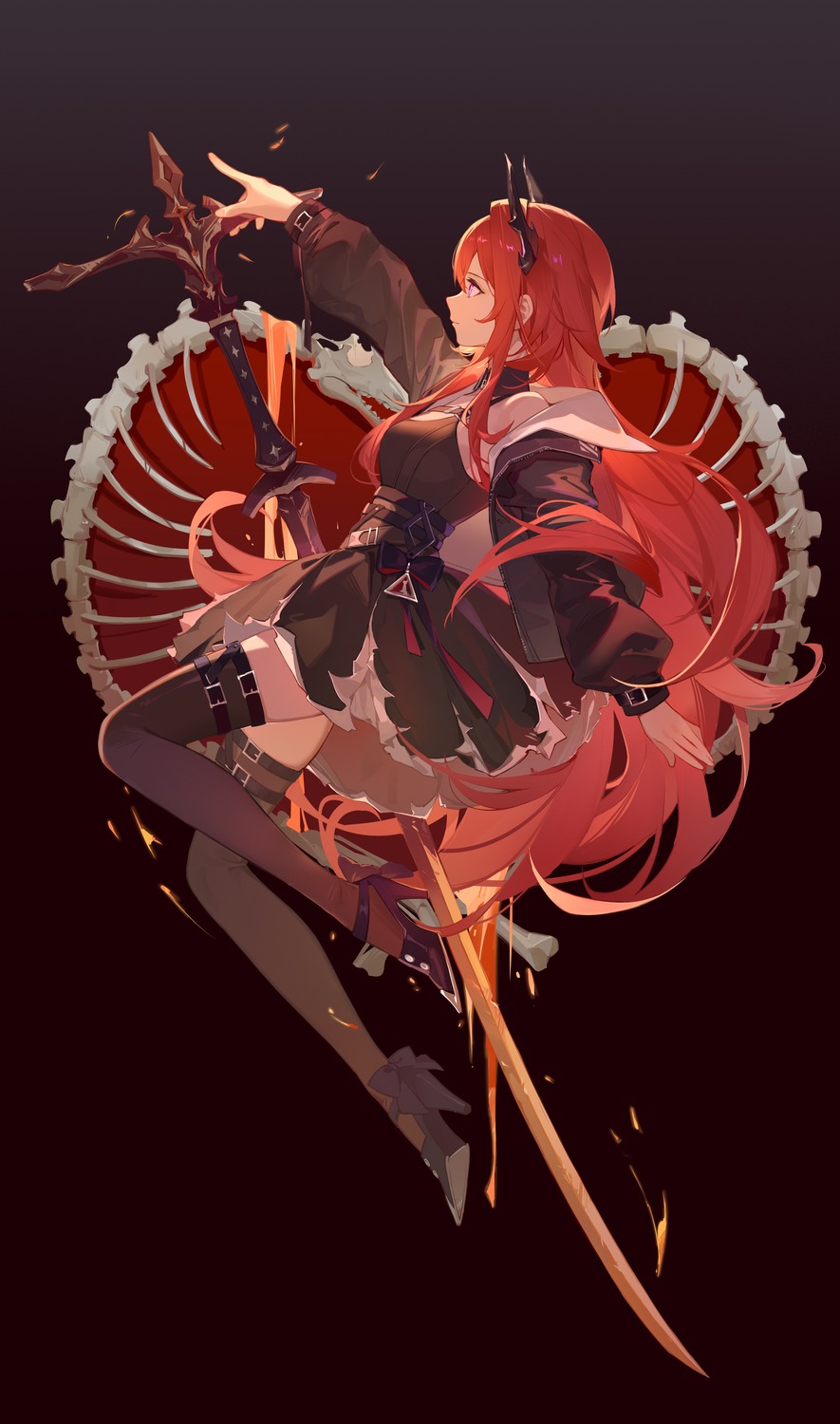 arknights, broken_(7589468), dress, garter, heels, horns, surtr_(arknights), sword