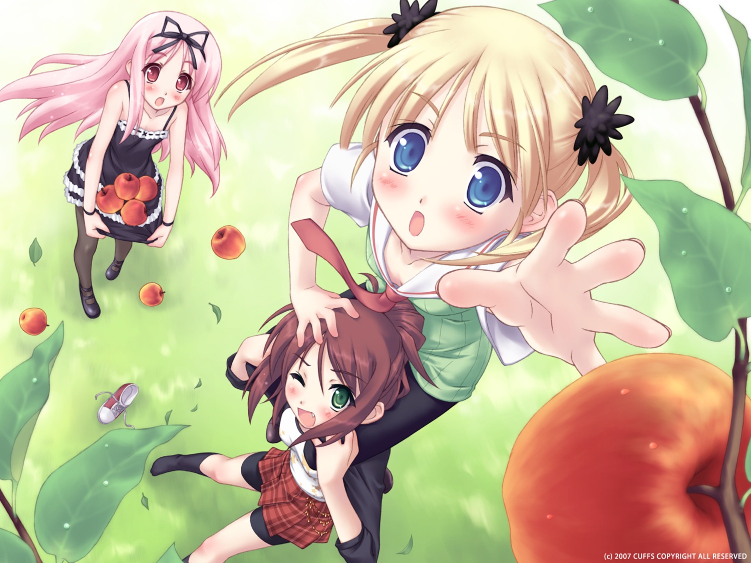akino_takehiko, bike_shorts, cuffs, dress, garden, himemiya_ruri, hoshino_erika, pantyhose, summer_dress, suzumura_azami, wallpaper