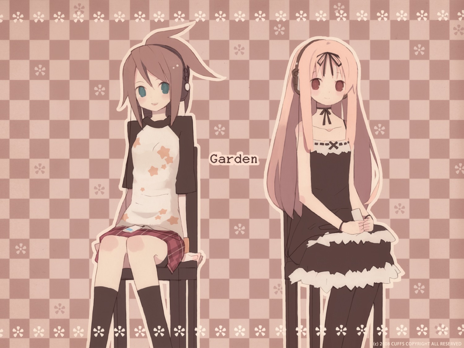 bike_shorts, cuffs, garden, headphones, himemiya_ruri, hoshino_erika, mitsuki_mouse, pantyhose, wallpaper