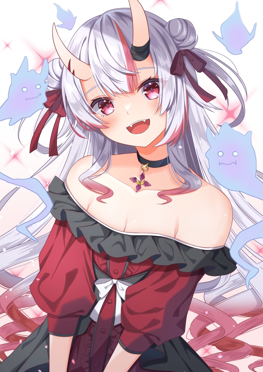 bandages, cleavage, divergenceok, hololive, horns, nakiri_ayame, no_bra