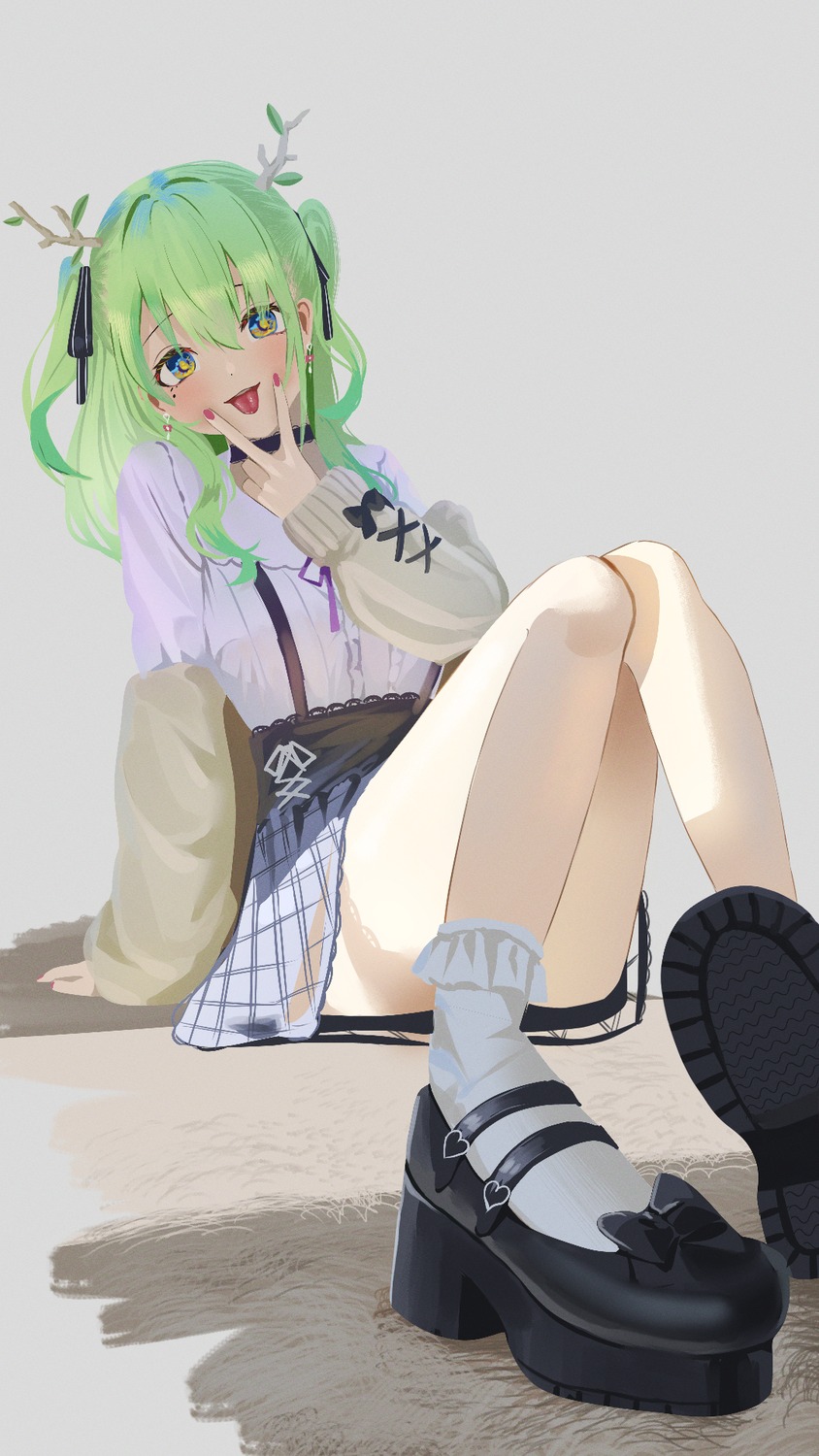 ceres_fauna, hololive, hololive_english, horns, sketch, skirt_lift, sweater, yamaharu_(xxzf7284)