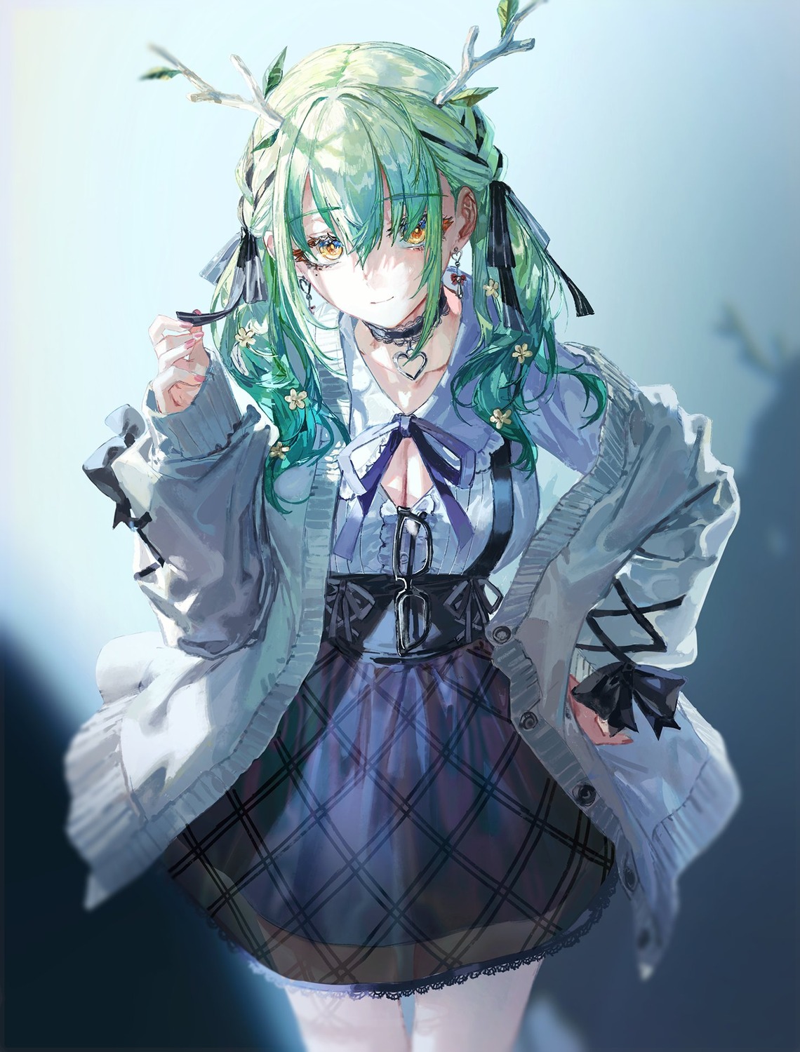 ceres_fauna, cleavage, hololive, hololive_english, horns, quasarcake, see_through, sweater