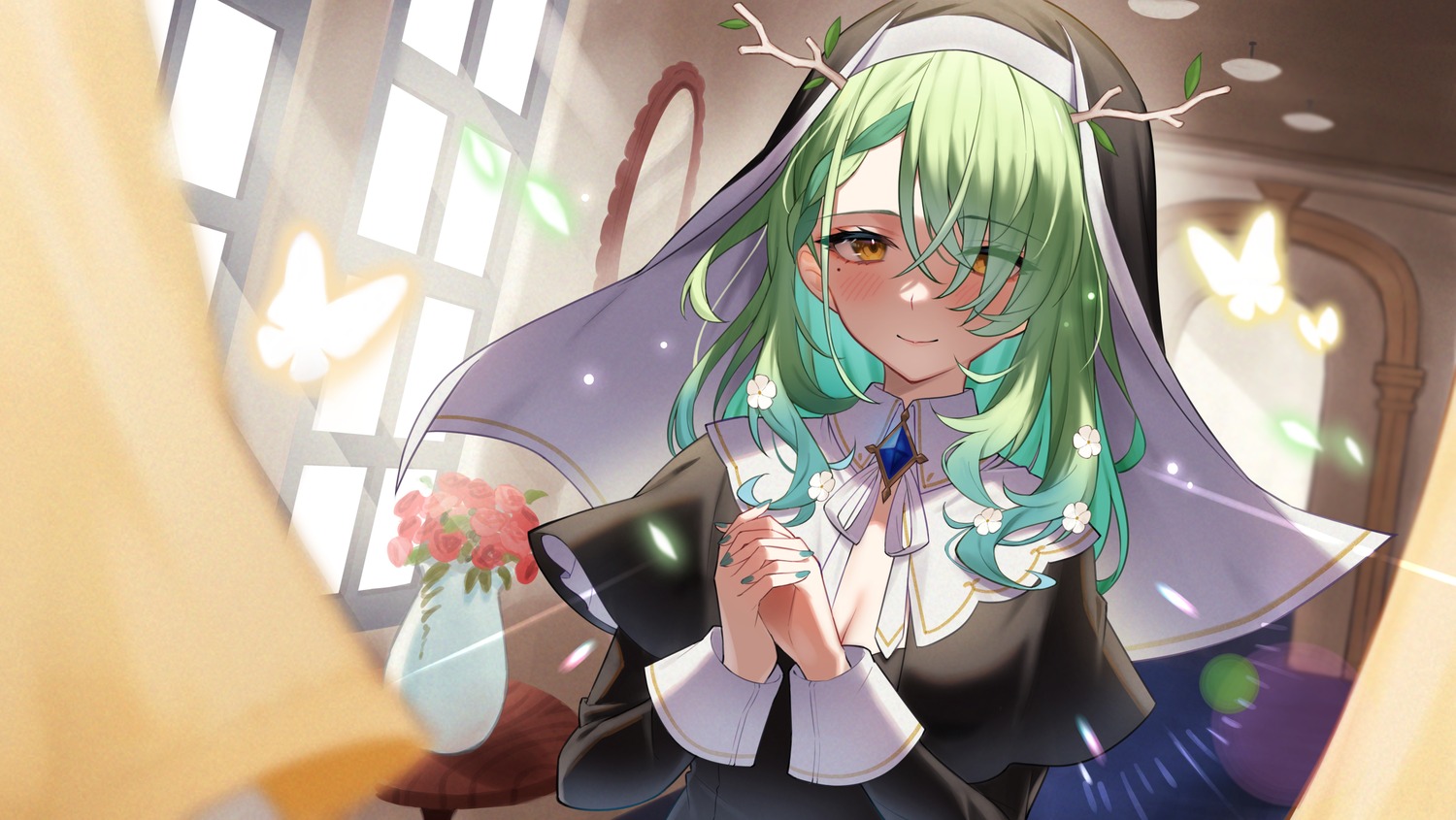 ceres_fauna, cleavage, gukurosawa01, hololive, hololive_english, horns, nun