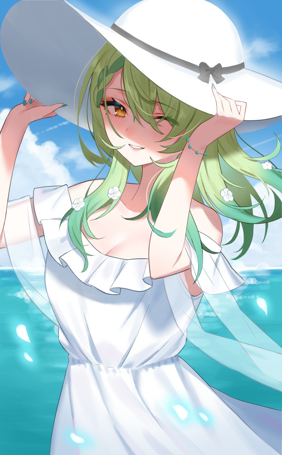 ceres_fauna, cleavage, dress, gukurosawa01, hololive, hololive_english, no_bra, summer_dress
