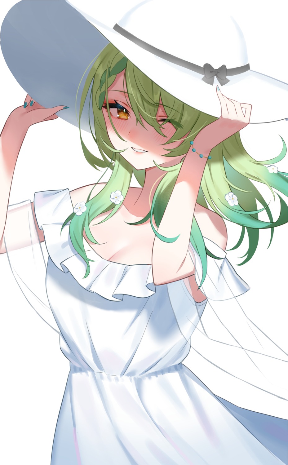 ceres_fauna, cleavage, dress, gukurosawa01, hololive, hololive_english, no_bra, summer_dress