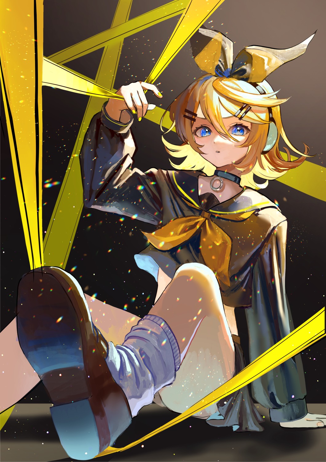 headphones, kagamine_rin, nemari_(user_wtca7244), seifuku, skirt_lift, vocaloid