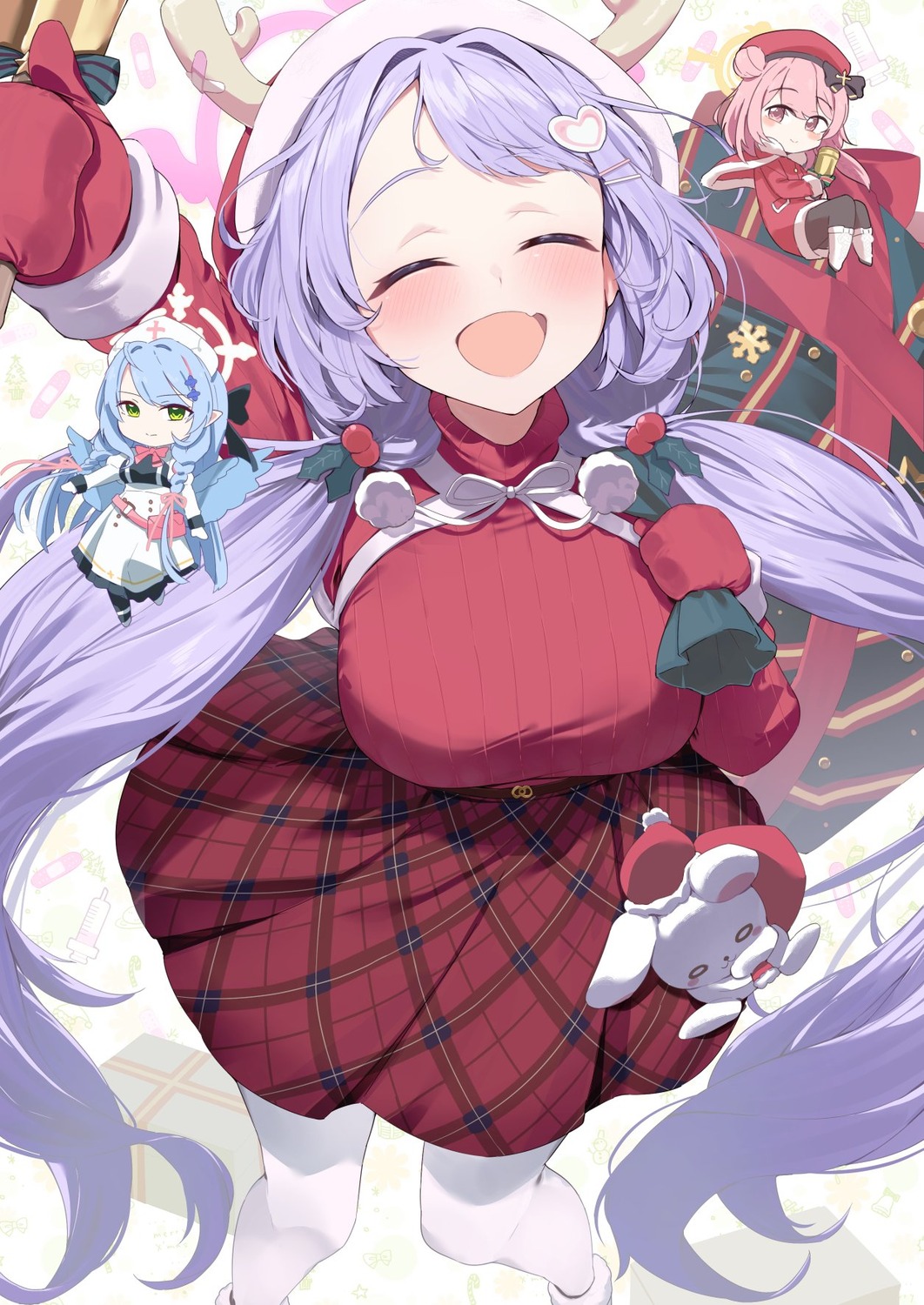 angel, asagao_hanae, blue_archive, chibi, christmas, dress, horns, neshia_(tsaqif0309), nurse, pantyhose, pointy_ears, sumi_serina, sweater, wings