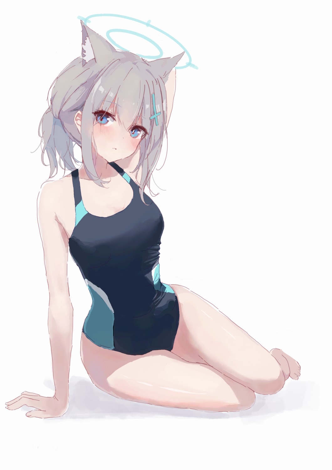 animal_ears, blue_archive, halo, nekomimi, nujii, sunaookami_shiroko, swimsuits