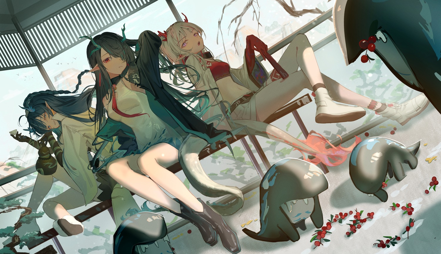 arknights, dusk_(arknights), horns, ling_(arknights), natsuba002, nian_(arknights), pantyhose, pointy_ears