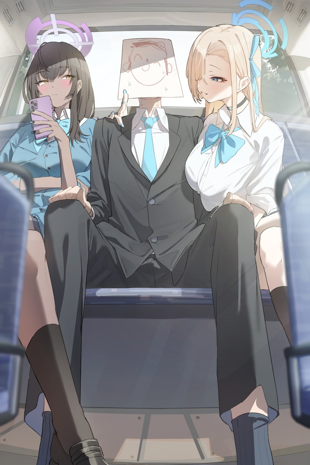 applepie_(12711019), blue_archive, business_suit, halo, ichinose_asuna, kakudate_karin, seifuku, sweater