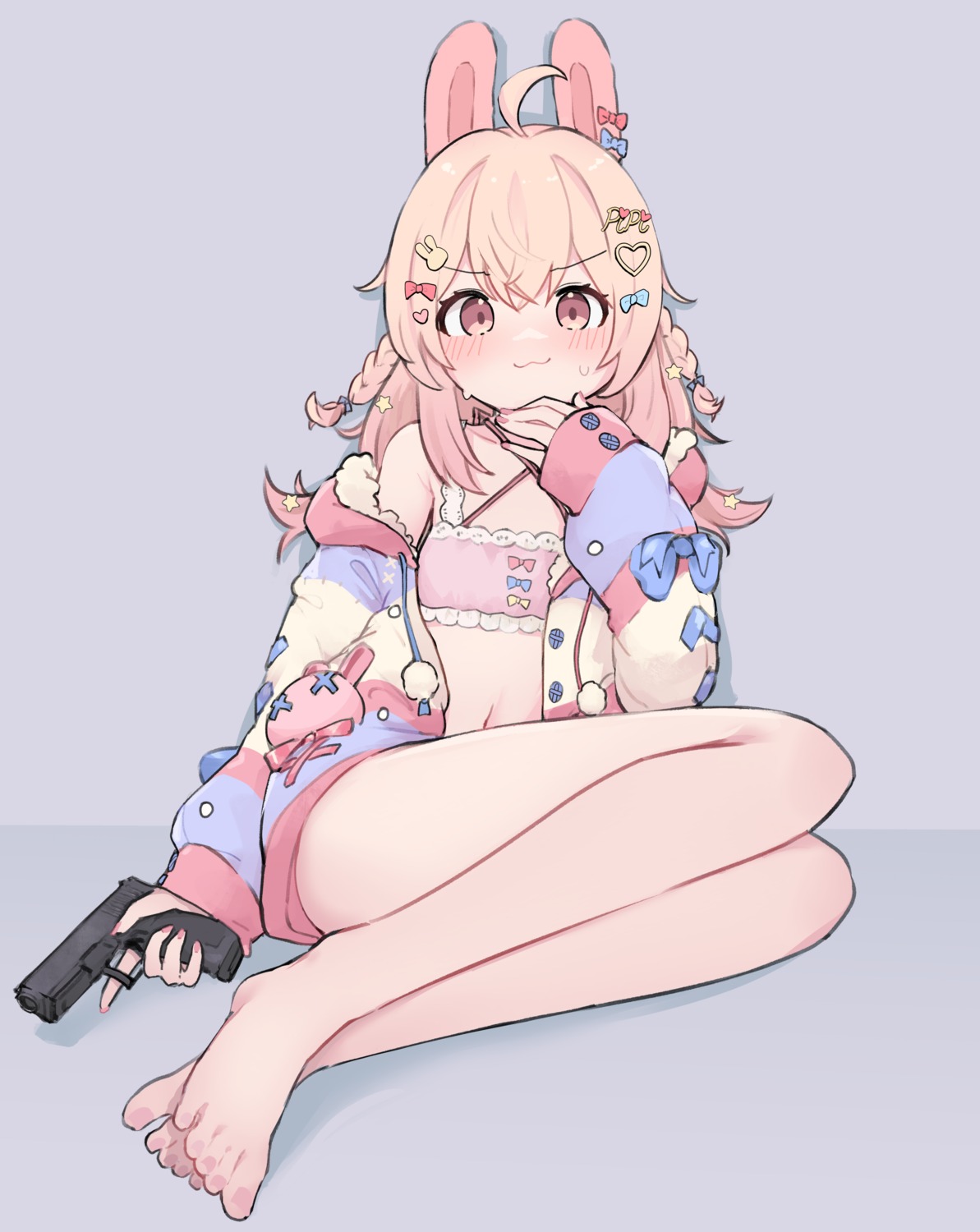 animal_ears, bra, bunny_ears, feet, gun, lyrinne, open_shirt, phase_connect, pipkin_pippa