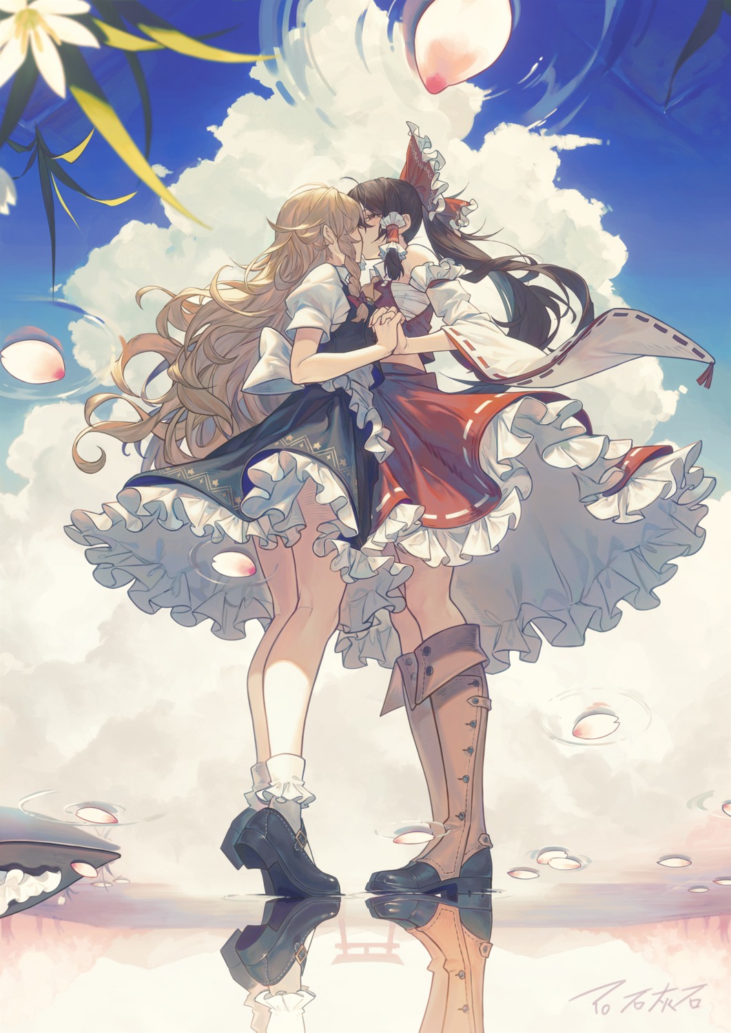 hakurei_reimu, joker_(stjoker), kirisame_marisa, sarashi, symmetrical_docking, touhou, yuri