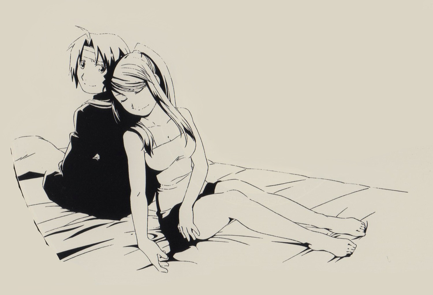 edward_elric, fullmetal_alchemist, jpeg_artifacts, kaneda_naomi, monochrome, winry_rockbell