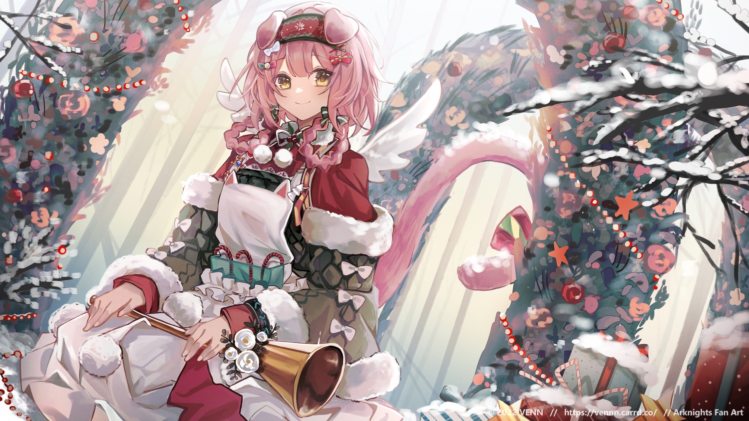 animal_ears, arknights, christmas, goldenglow_(arknights), nekomimi, official_watermark, tail, venn_(vebonbon), wings