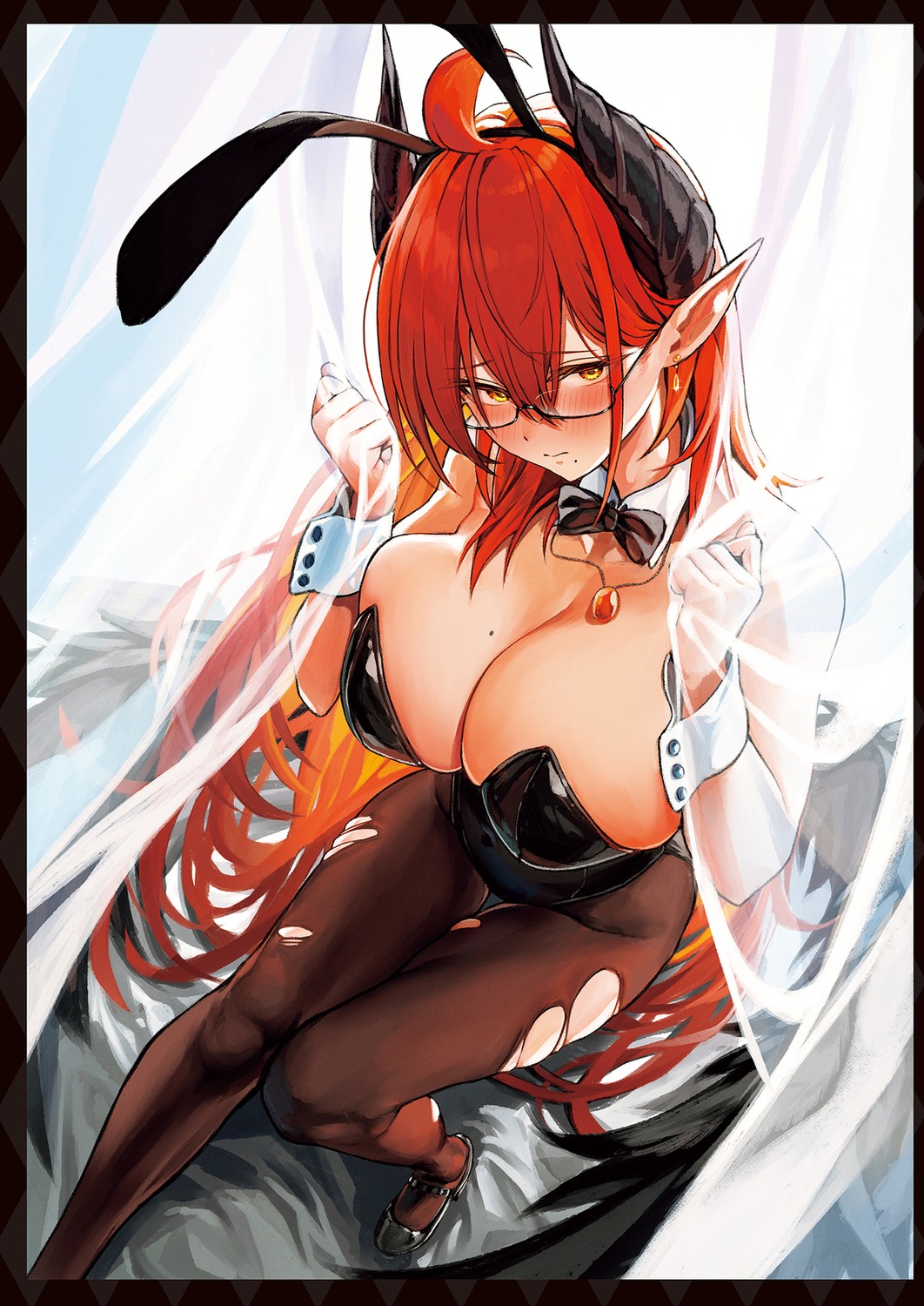 animal_ears, bunny_ears, bunny_girl, horns, marse_(rokudaime), megane, no_bra, pantyhose