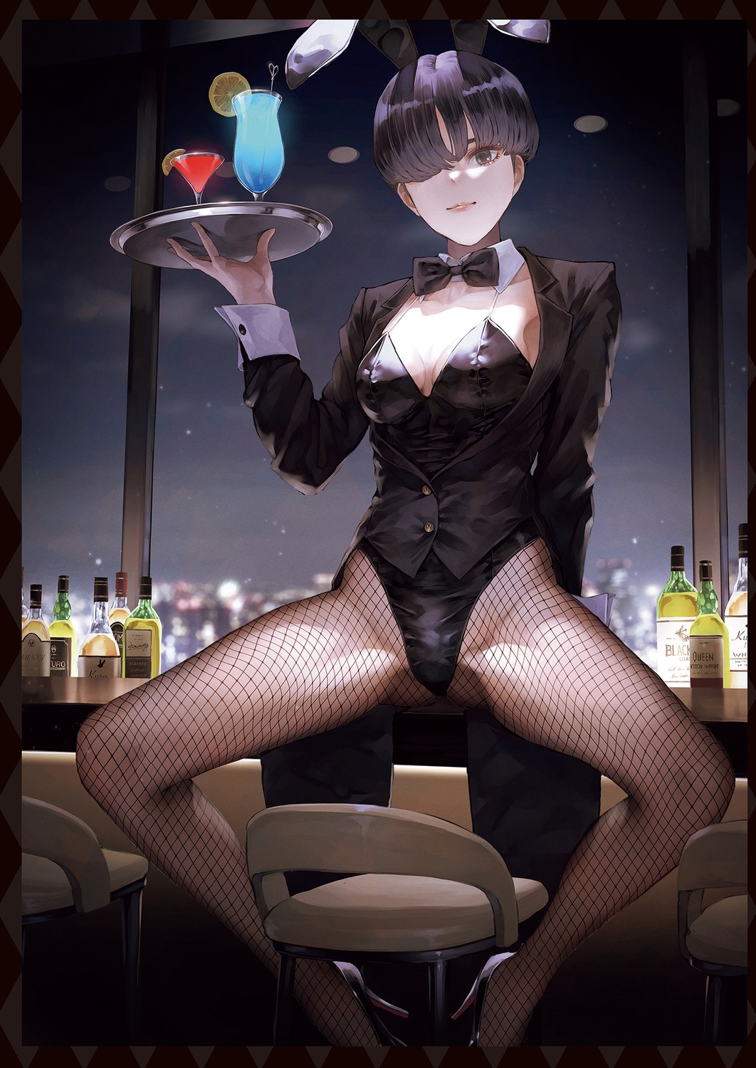 animal_ears, bunny_ears, bunny_girl, fishnets, heels, kaoming, no_bra, open_shirt, pantyhose