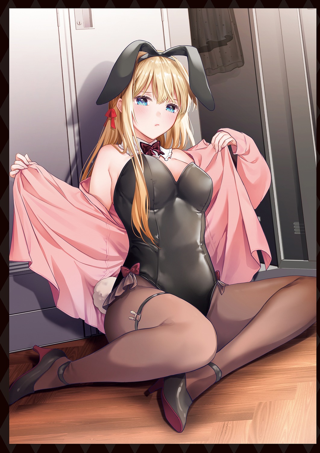 animal_ears, bunny_ears, bunny_girl, garter, heels, kokoa_(artist), no_bra, pantyhose, tail