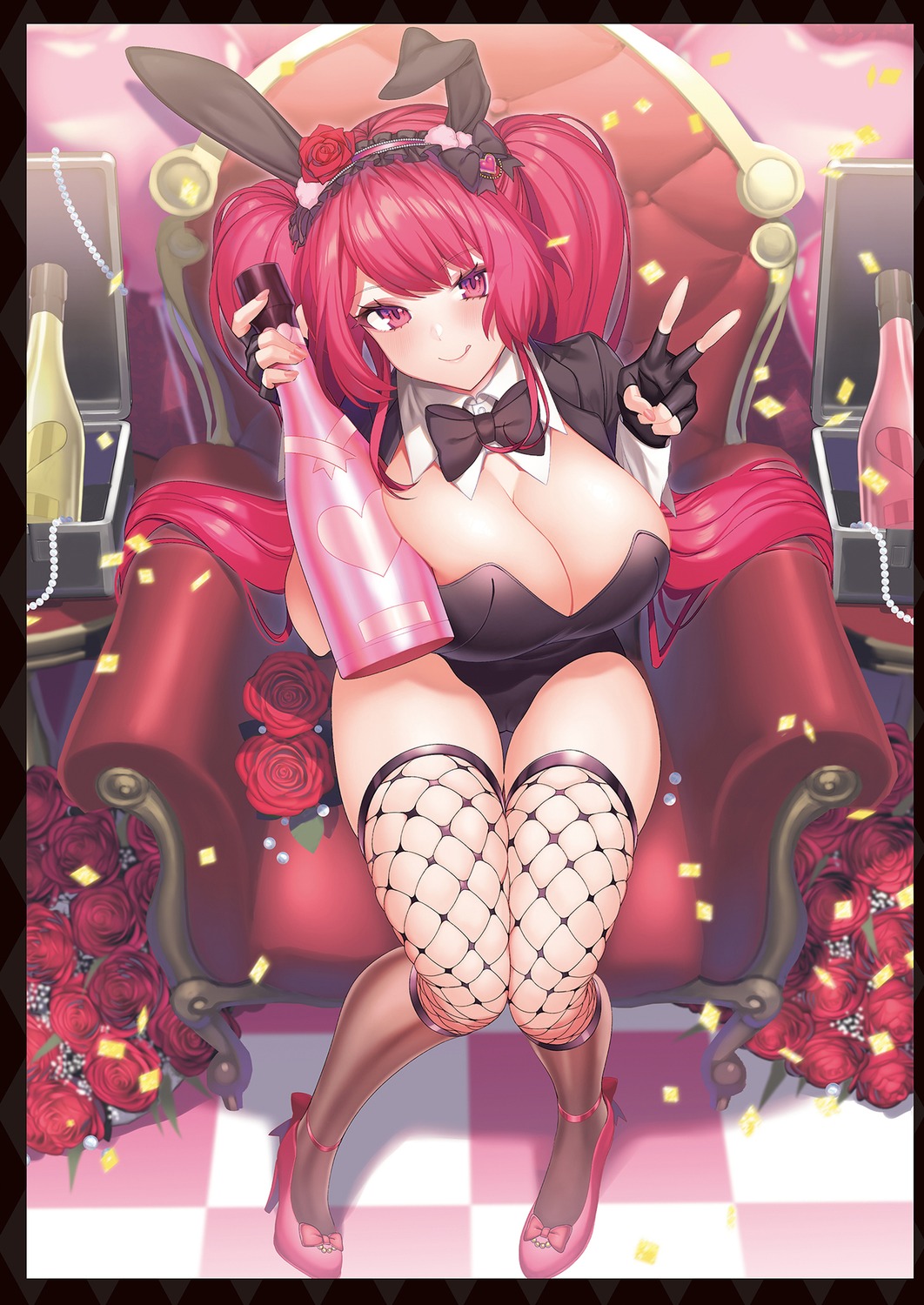 animal_ears, bunny_ears, bunny_girl, fishnets, girusyu1945, heels, no_bra, thighhighs