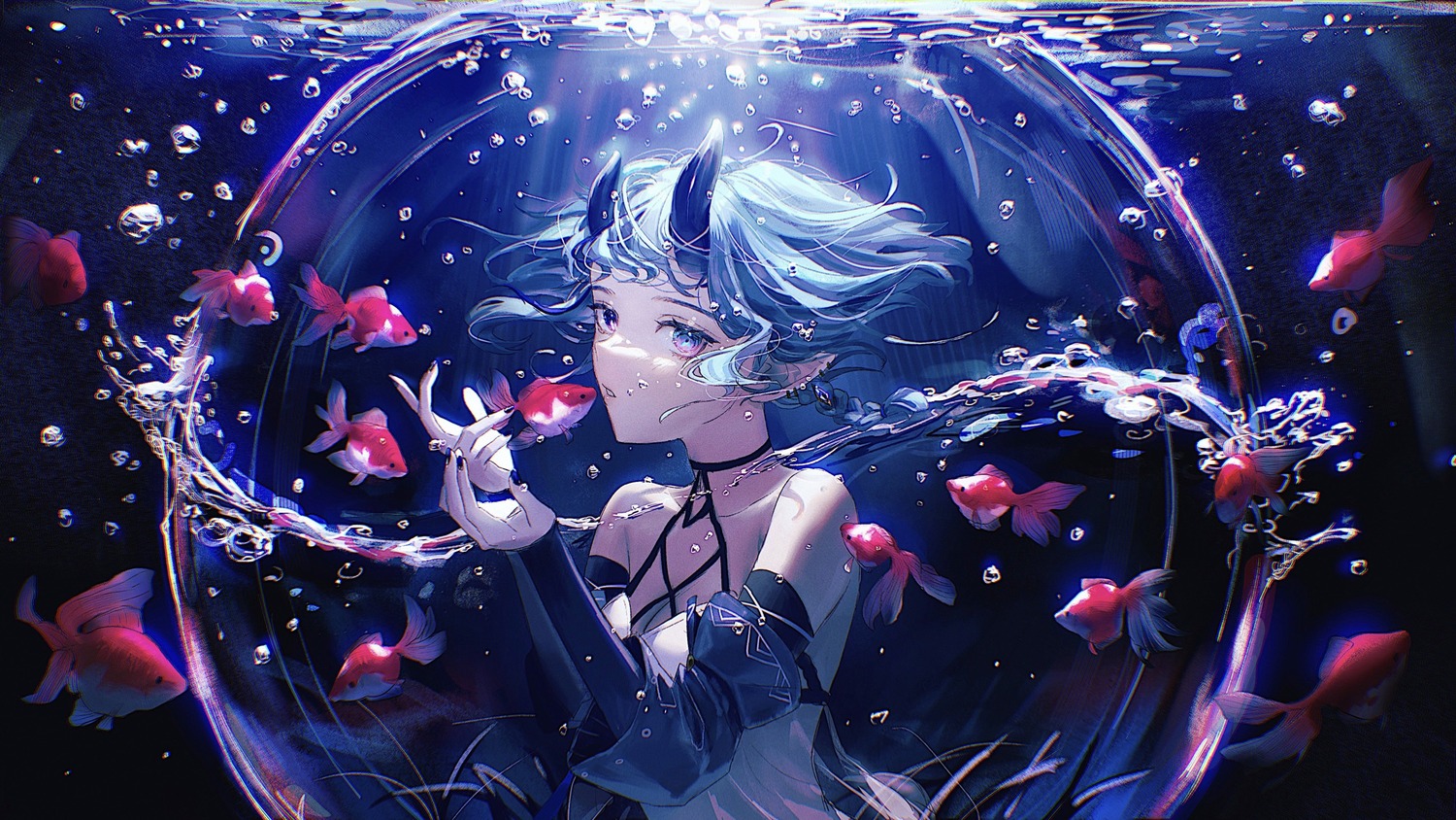 horns, no_bra, pointy_ears, tsukiiro, wallpaper