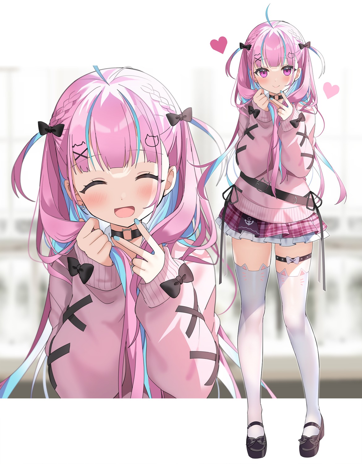 garter, heels, hololive, kurot, minato_aqua, seifuku, sweater, thighhighs