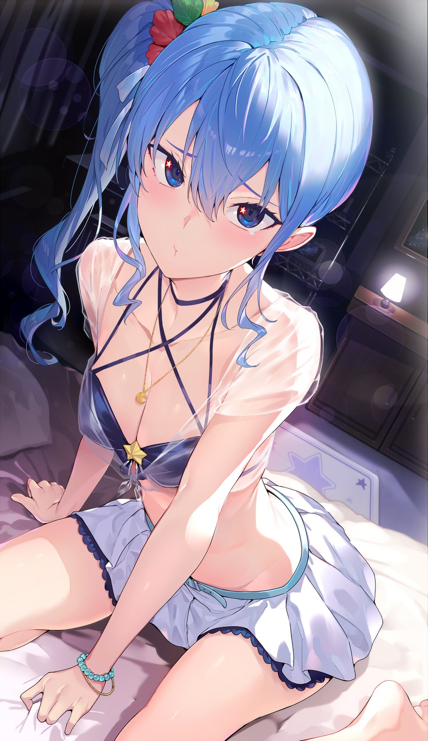 bikini_top, hololive, hoshimachi_suisei, kakage, open_shirt, see_through, swimsuits