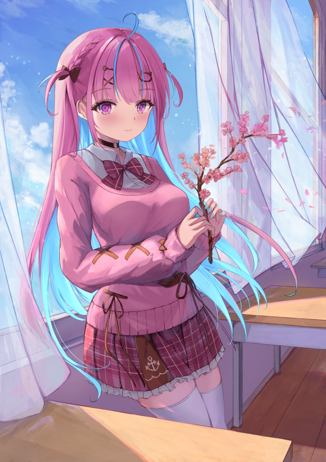 hololive, minato_aqua, seifuku, sweater, taikoi7, thighhighs