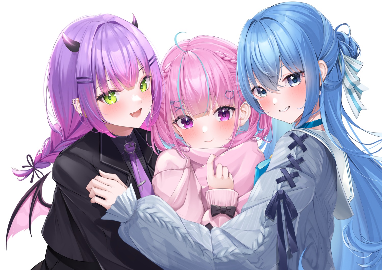 hololive, horns, horo_27, hoshimachi_suisei, minato_aqua, seifuku, sweater, tokoyami_towa