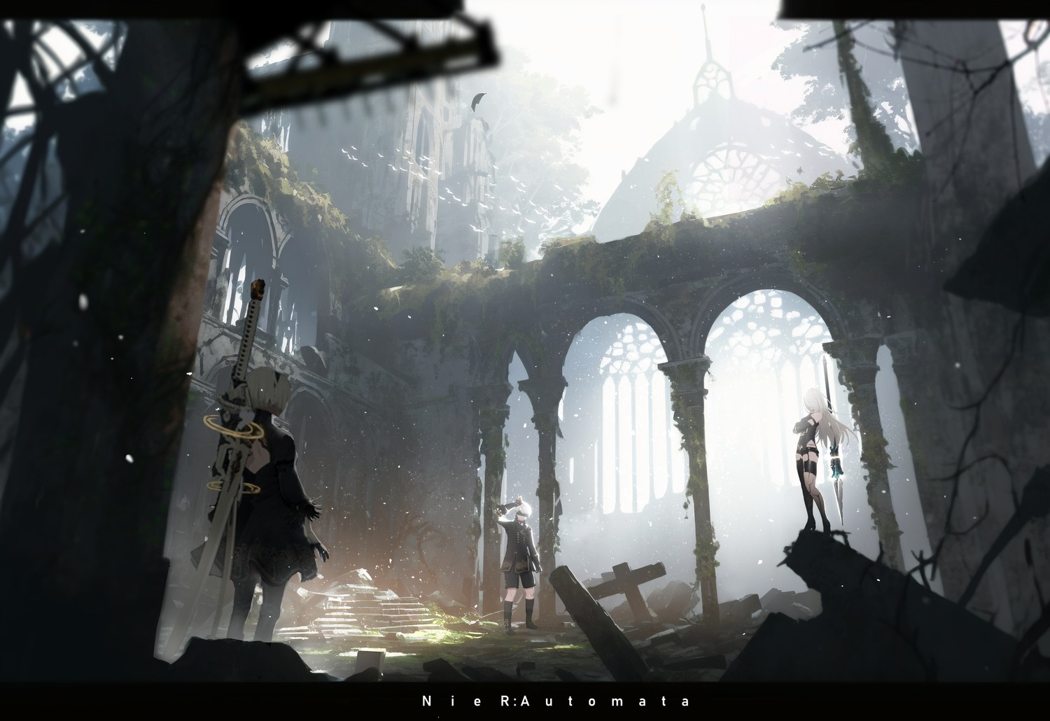 landscape, nido_(sebamaster), nier, nier_automata, weapon, yorha_no.2_type_b, yorha_no.9_type_s, yorha_type_a_no.2