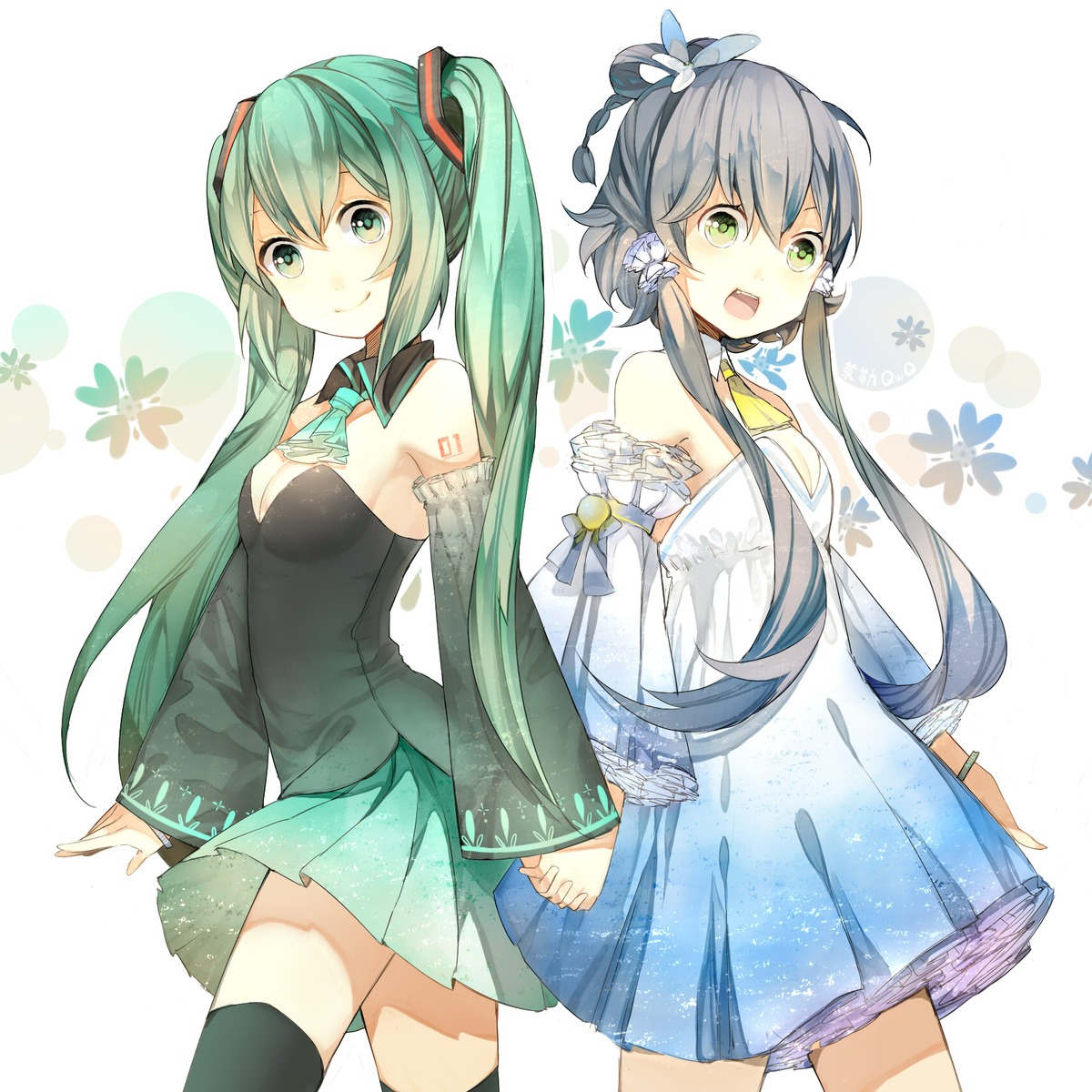 cleavage, dress, godlailer, hatsune_miku, luo_tianyi, no_bra, tattoo, thighhighs