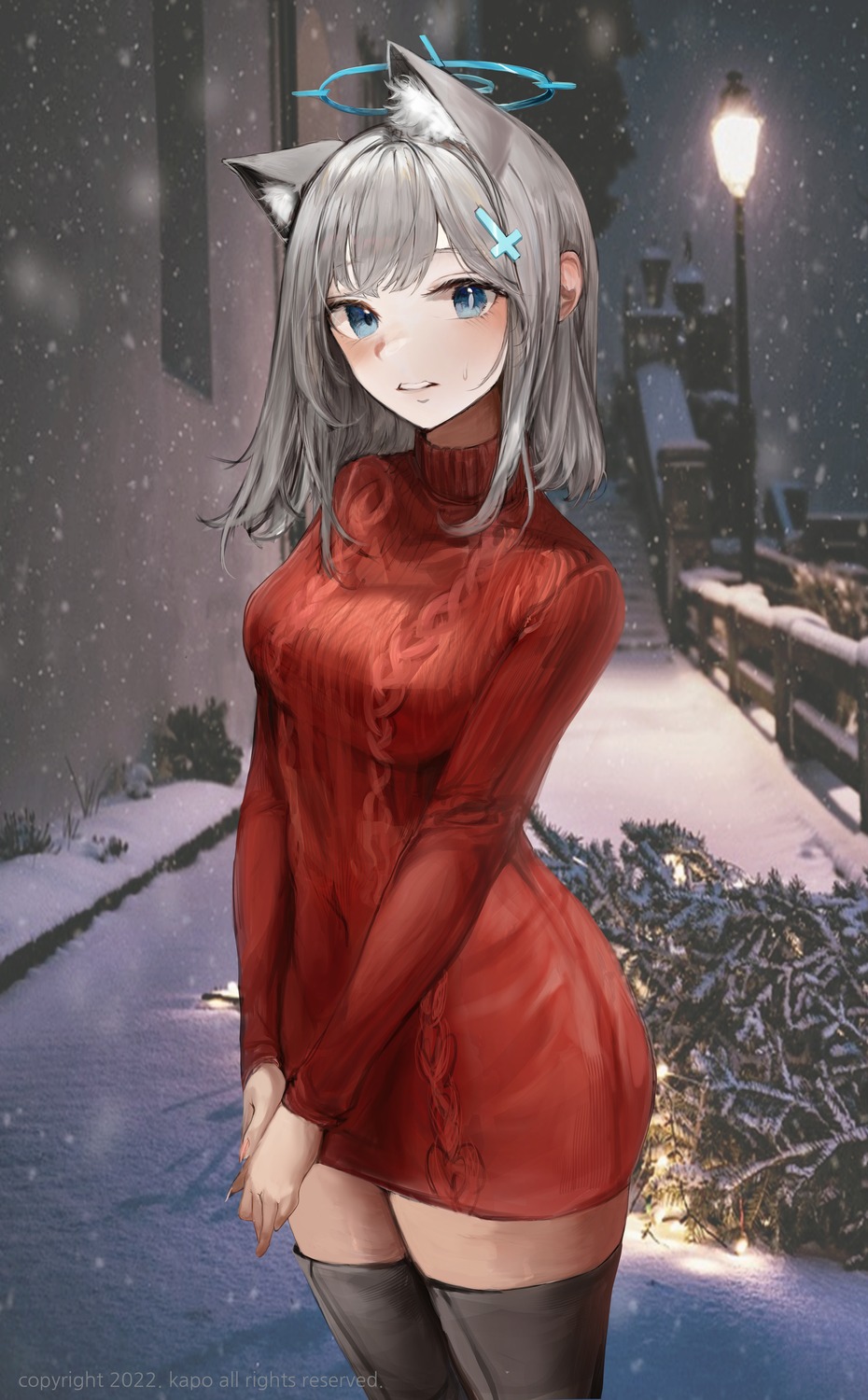 animal_ears, blue_archive, dress, halo, kapo, nekomimi, sunaookami_shiroko, sweater